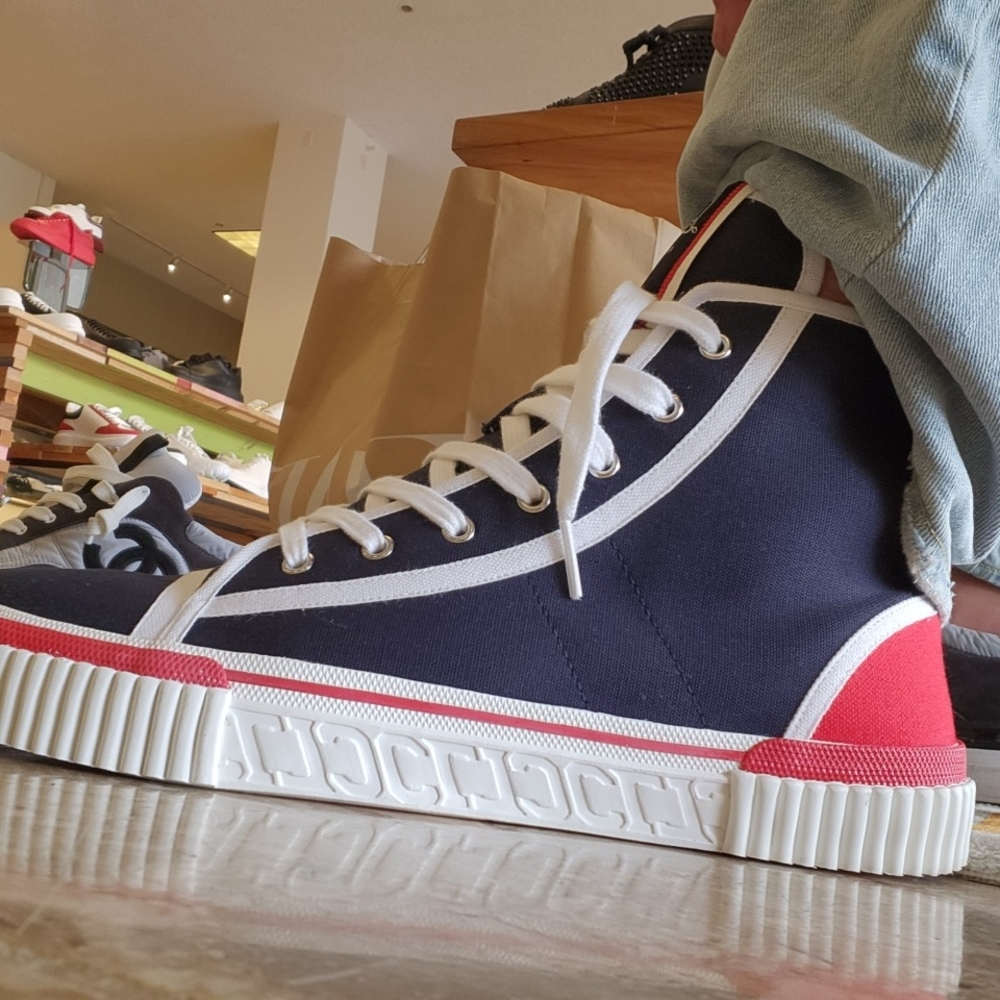 Christian Louboutin Blue and Red High-Top Sneakers - Picture 2 of 8